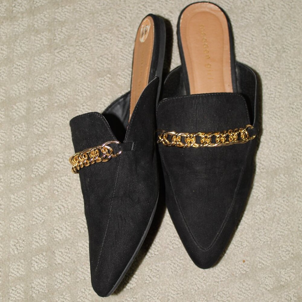 Madden Girl Size 11 Black Suede with Gold Chain Flat Pointed Toe Mules